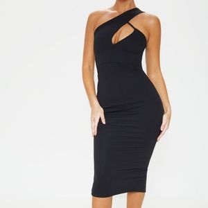 Asymmetrical one shoulder dress.